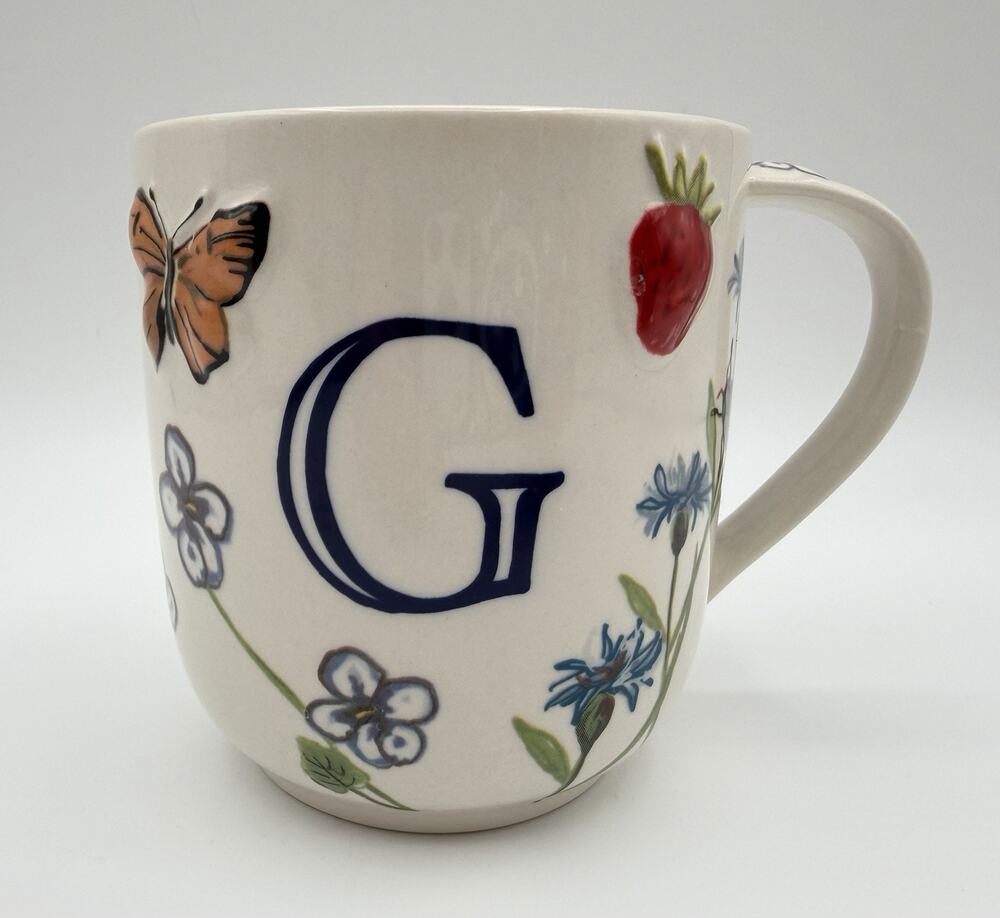 Anthropologie Monarch Monogram Letter G Floral Textured 14oz Coffee Mug 4”